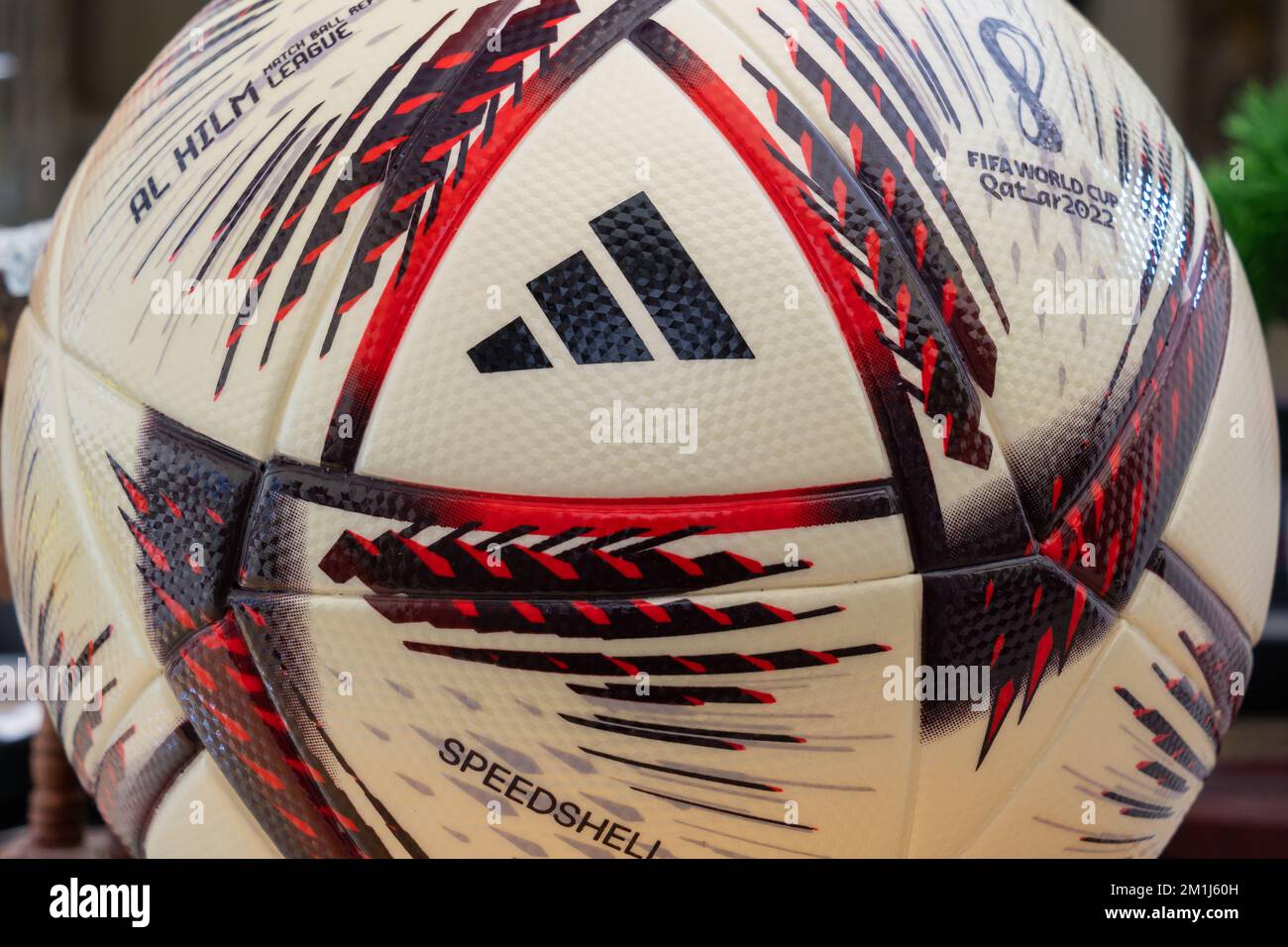 Close up of the adidas Al Hilm ball which is the official match ball used in the FIFA World Cup 2022 Qatar semi-finals and final. Stock Photo