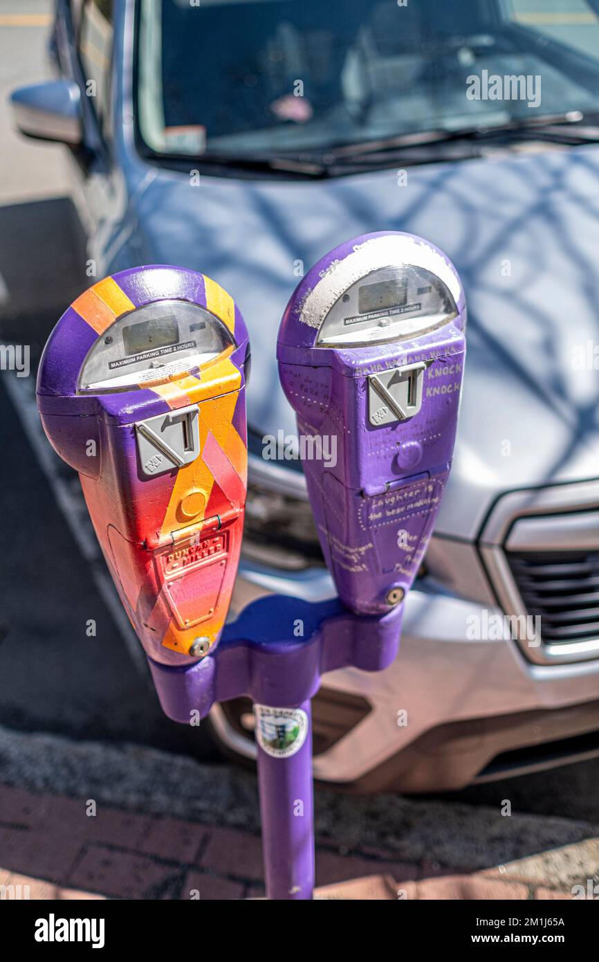 Decorated parking meters in downtown Greenfield, MA Stock Photo Alamy
