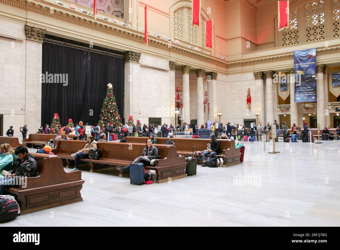 Holiday travelers in the Great Hall of Chicago's Union Station. Stock Photo
