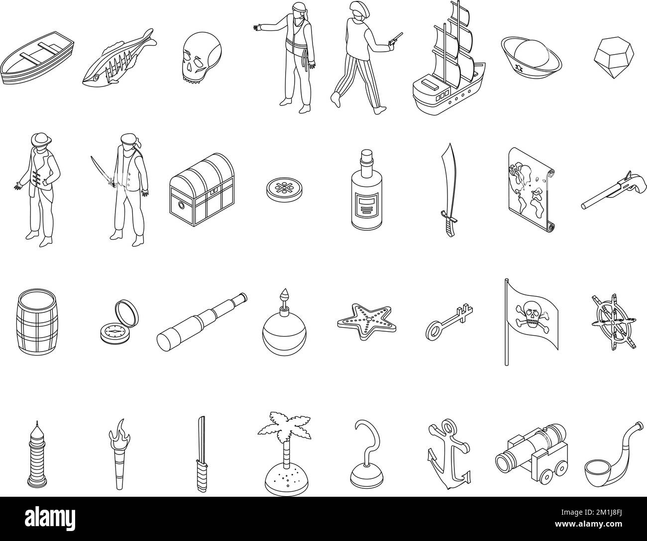 Pirate icons set. Isometric set of pirate vector icons outline on white thin line collection Stock Vector