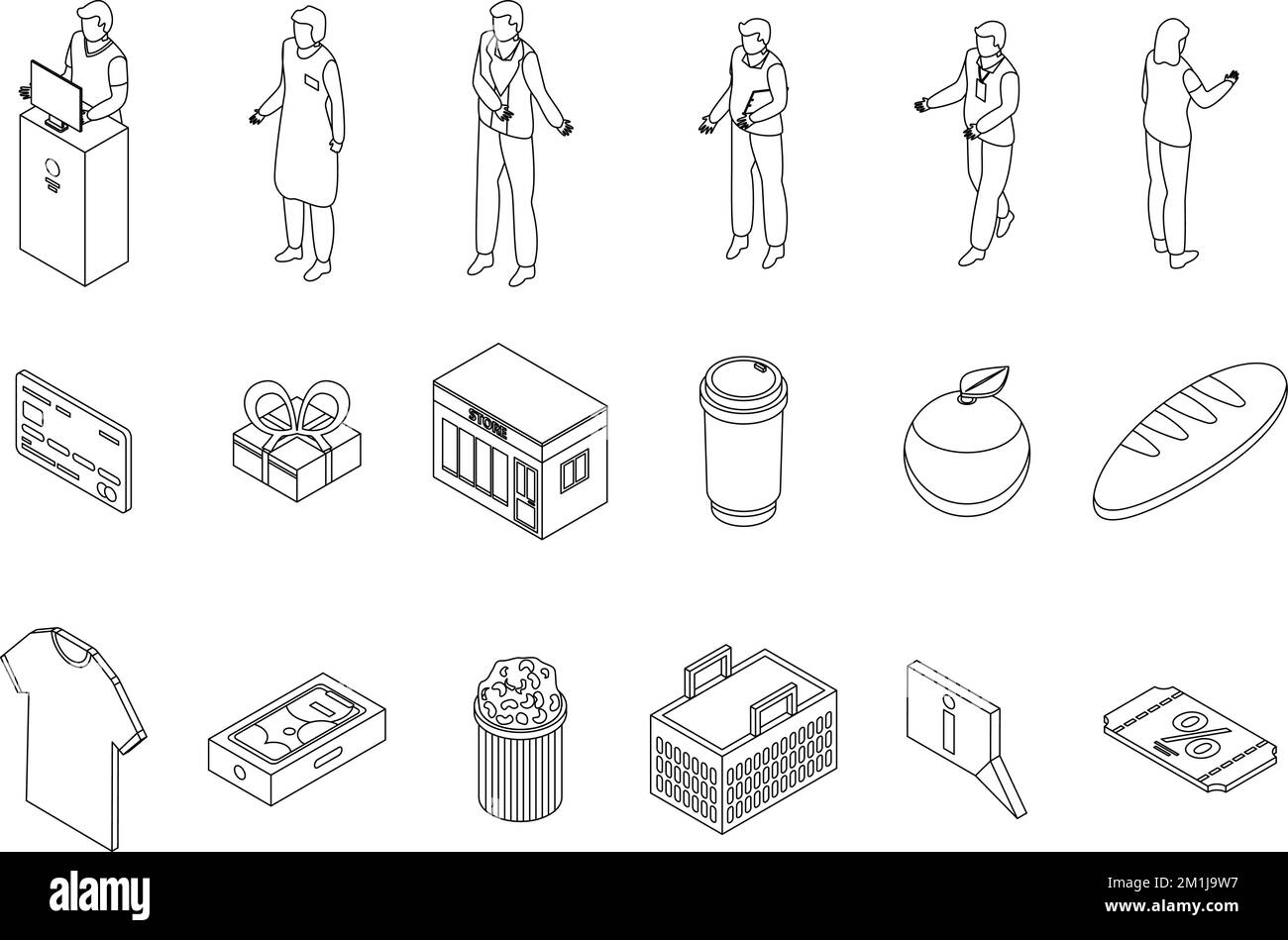 Shop assistant icons set. Isometric set of shop assistant vector icons outline on white thin line collection Stock Vector