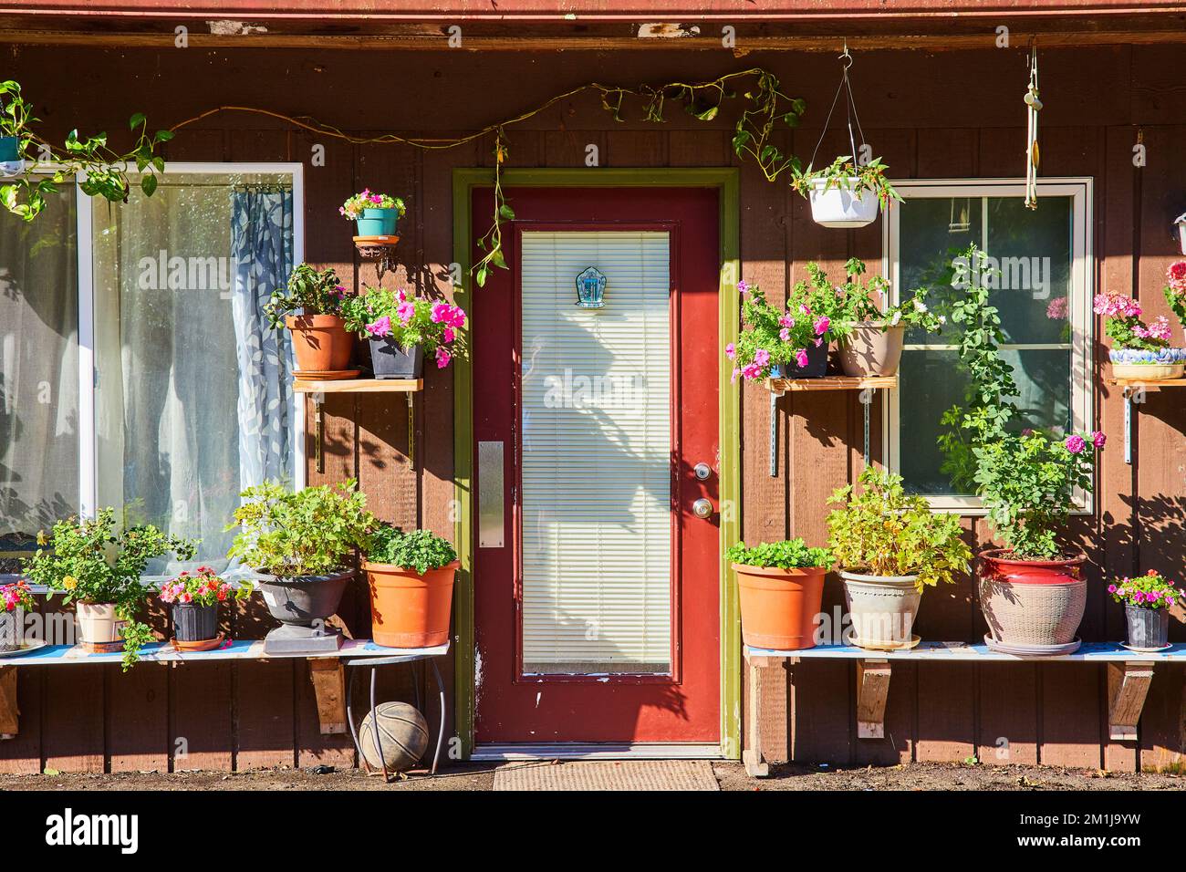 Flowerpots outside of house Stock Photo