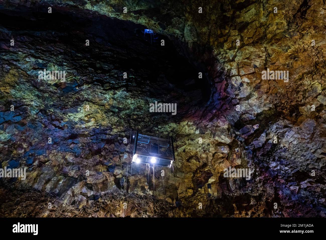 Inside Inactive Volcano Details of the elevator leading people into the interior of the ...