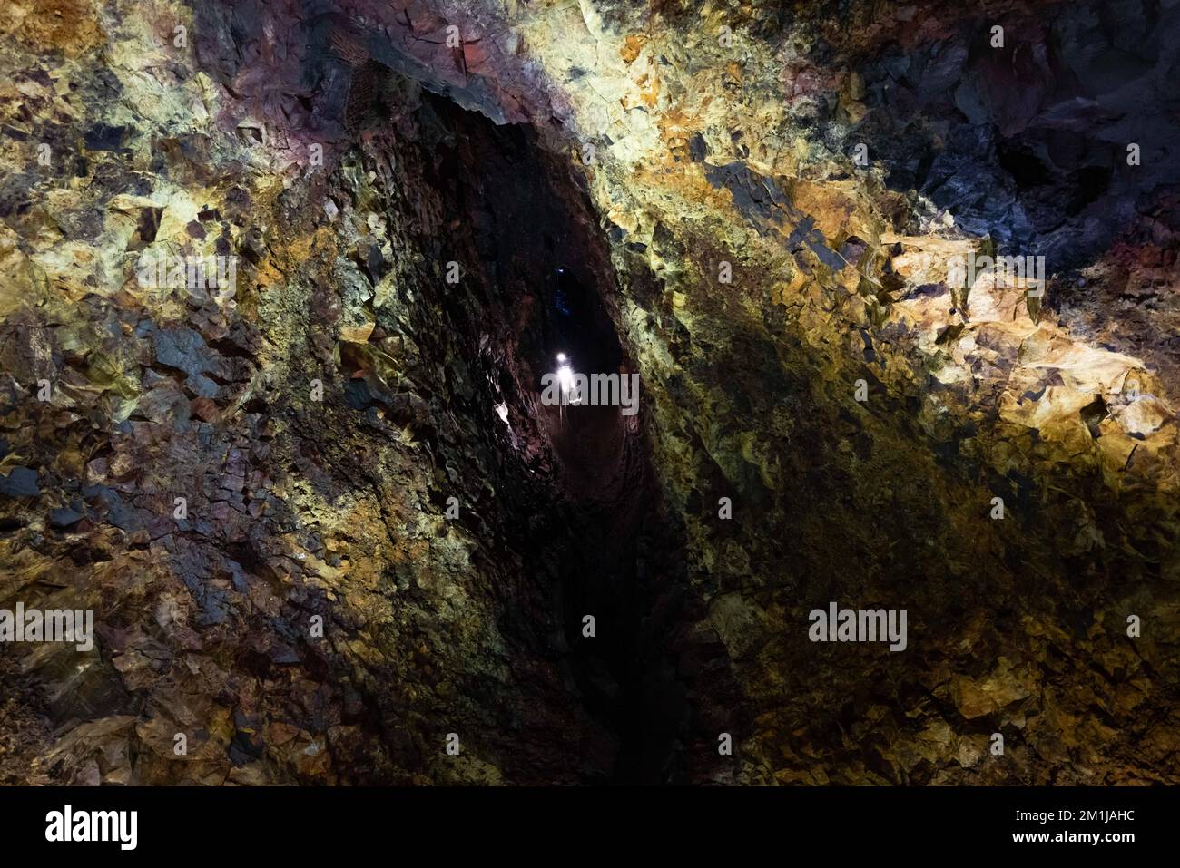 Inside Inactive Volcano Details of the elevator leading people into the interior of the ...