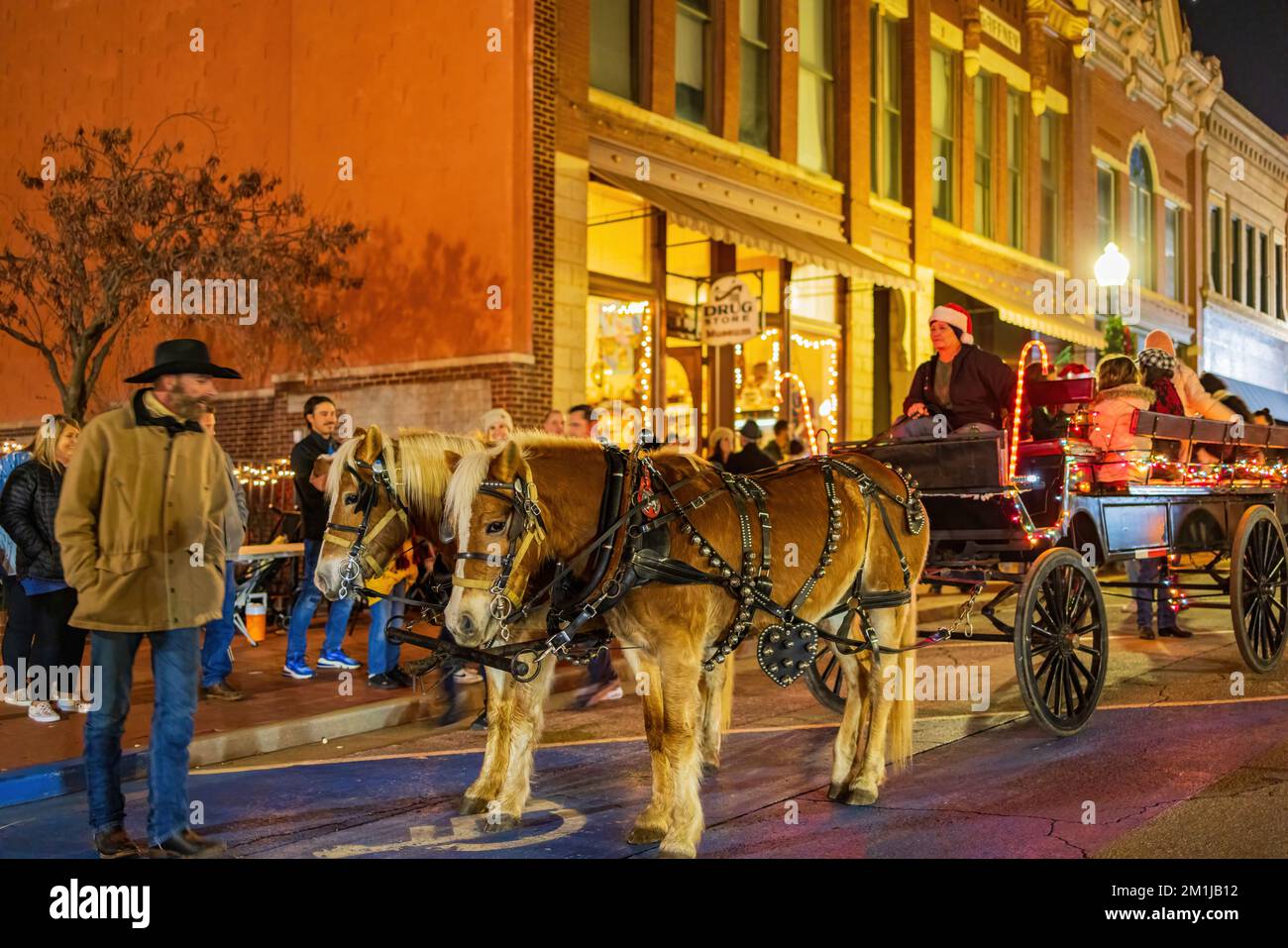 Oklahoma, DEC 10 2022 Night view of the horse carriage ride in the