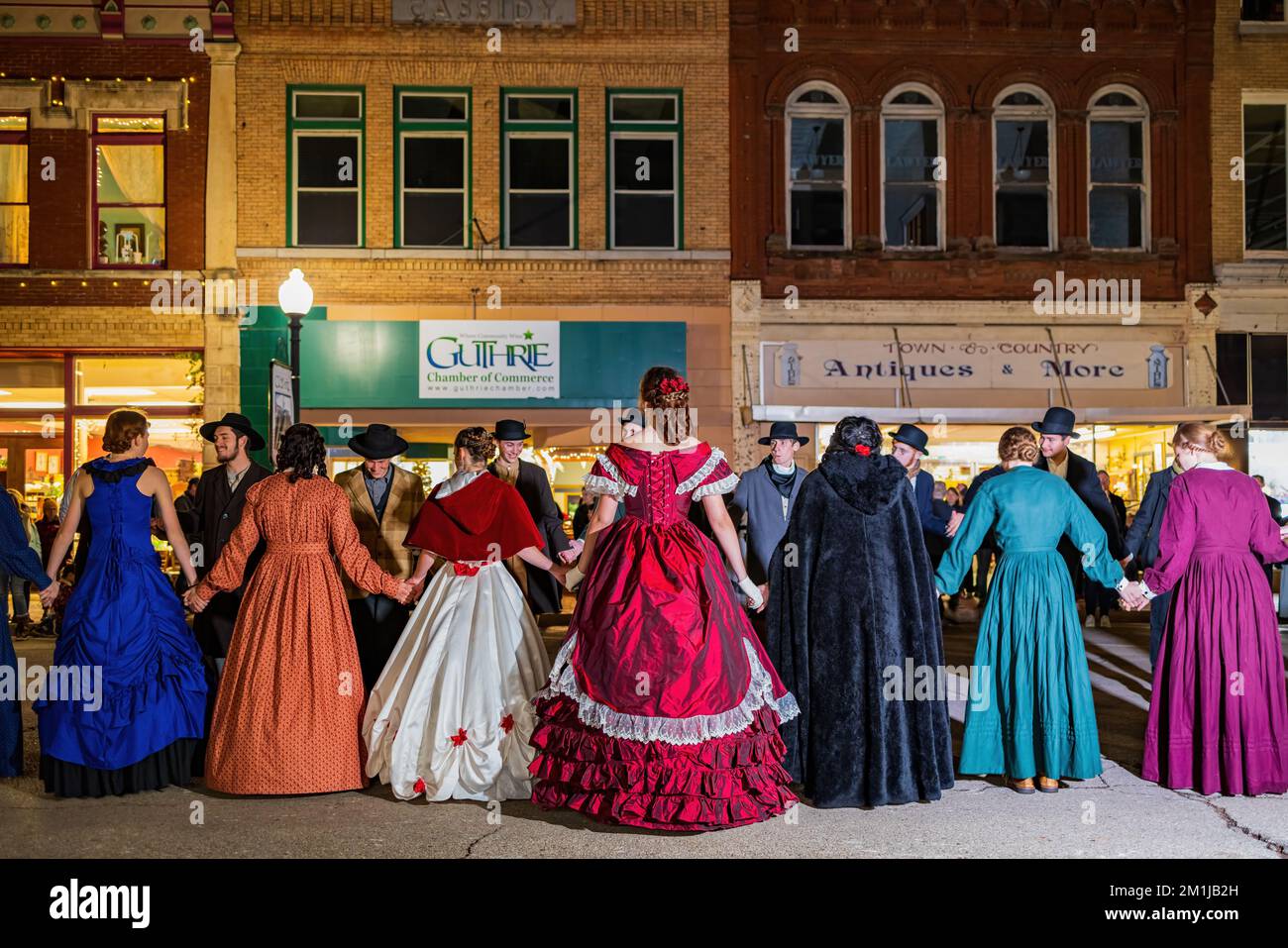 Oklahoma, DEC 10 2022 Night view of the famous Guthrie Victorian walk