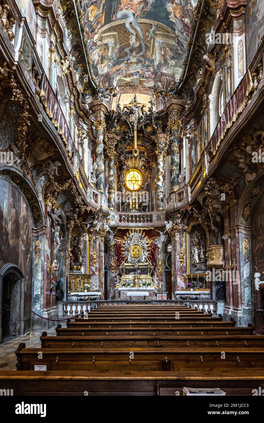 Interior of the baroque Asam Church, Asamkirche in Munich, Bavaria ...