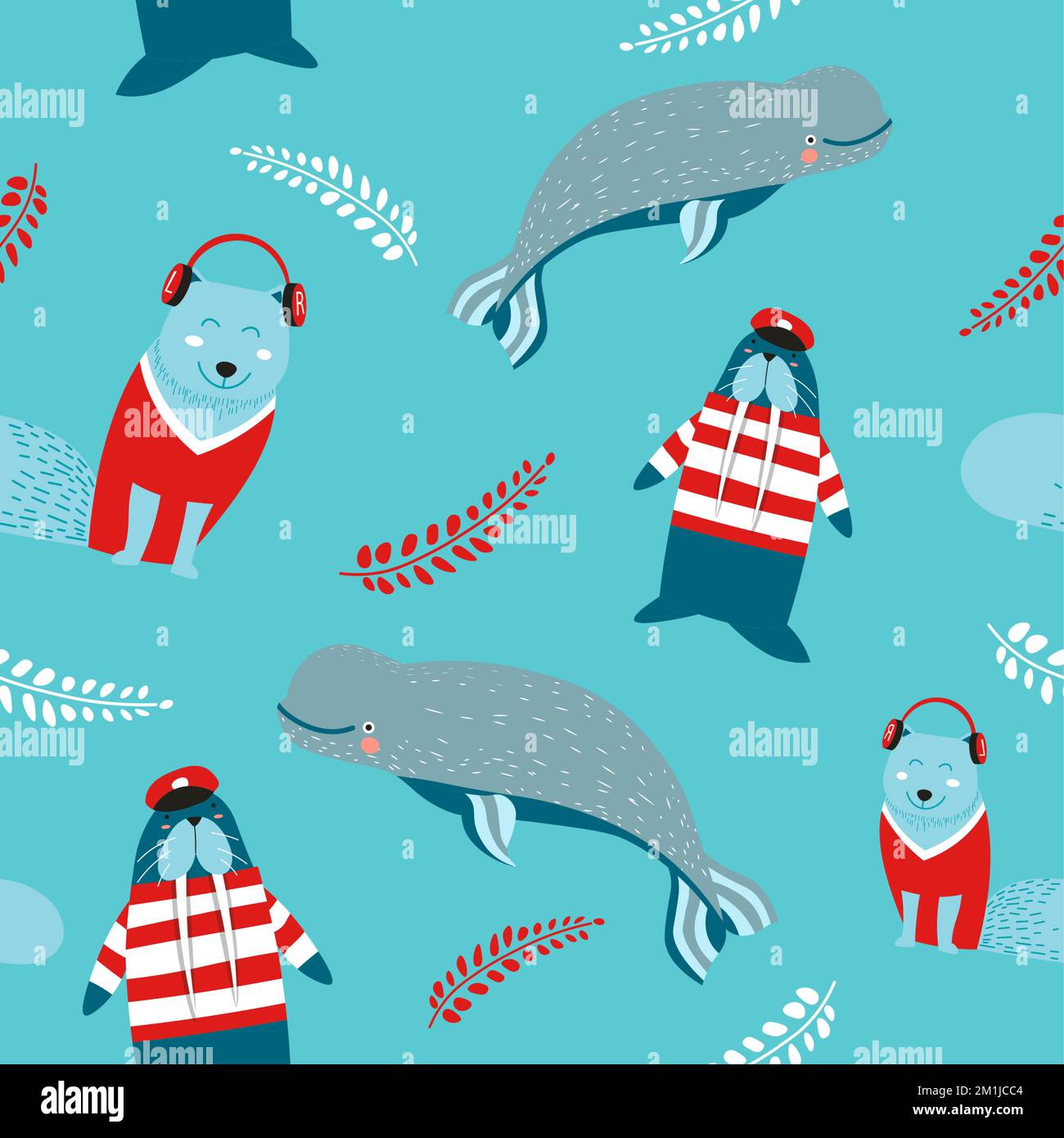 Marine animals and creatures wearing clothes print Stock Vector Image