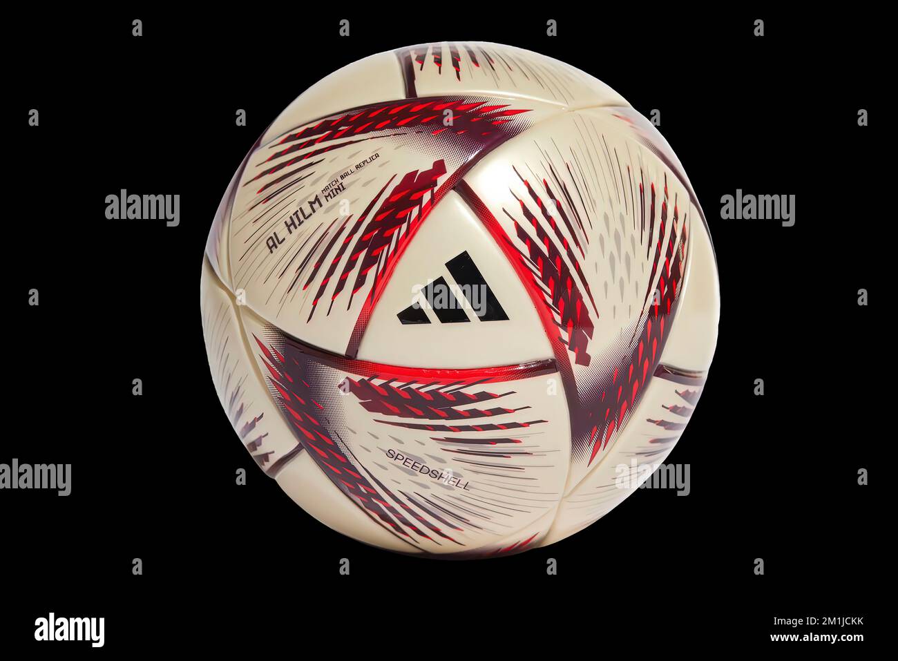 Lusail, Qatar. Dec 12, 2022. An adidas Al Hilm mini soccer ball. An official replica match ball used in the FIFA World Cup semi-finals and final match Stock Photo