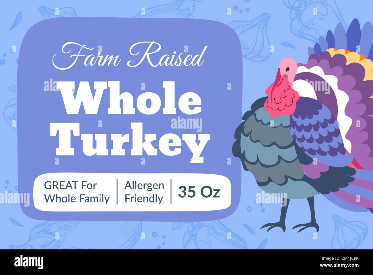 Whole turkey, farm raised animal, meat products Stock Vector Image