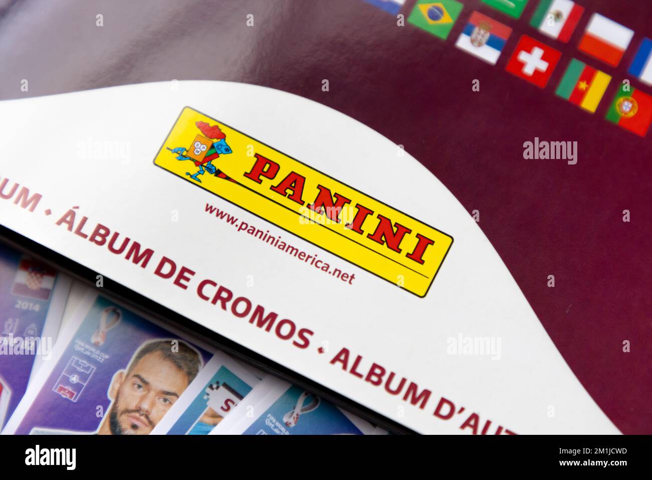 Calgary, Alberta, Canada. Dec 11, 2022. A close up to a Panini Logo Fifa World Cup Qatar 2022 Album. Stock Photo