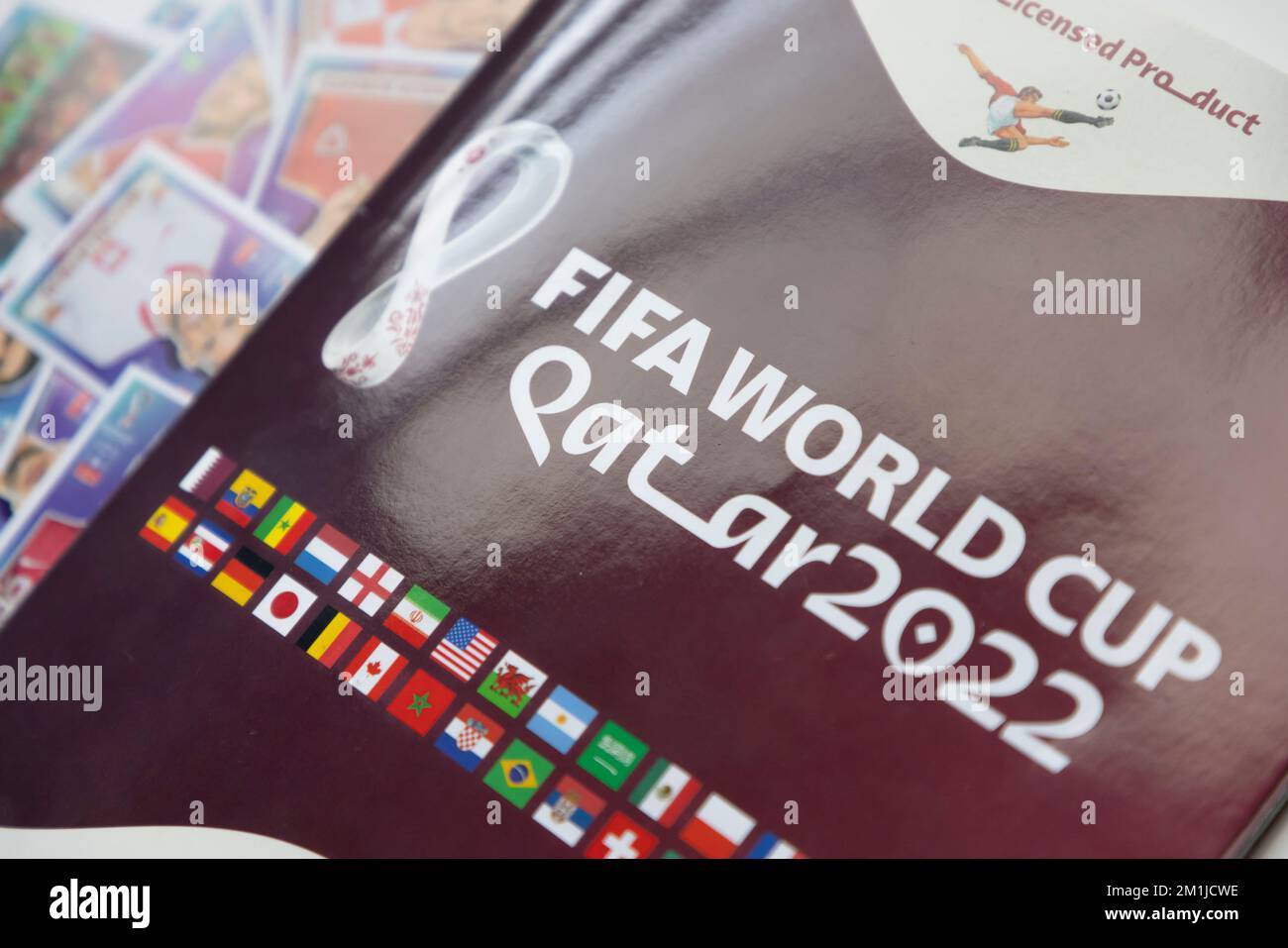 Calgary, Alberta, Canada. Dec 11, 2022. A close up to a Panini Fifa World Cup Qatar 2022 Album. Stock Photo