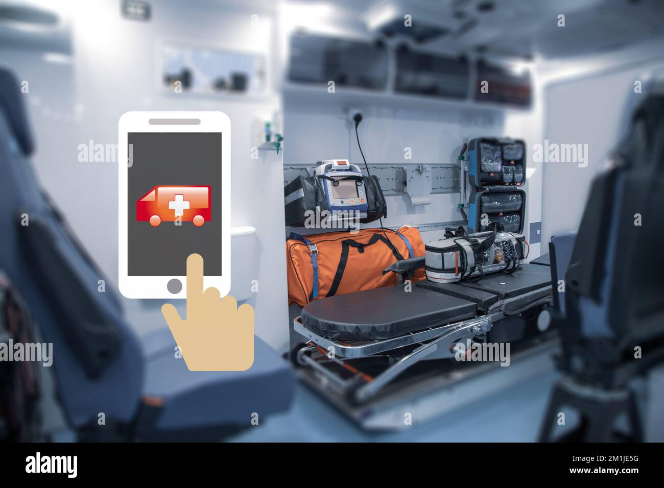 Interior of an ambulance with bed and patient care equipment. Illustration with phone call an