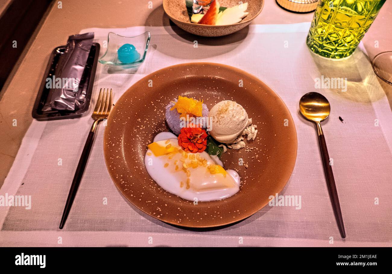 Homemade ice cream, mango and sticky rice at a fine dining restaurant