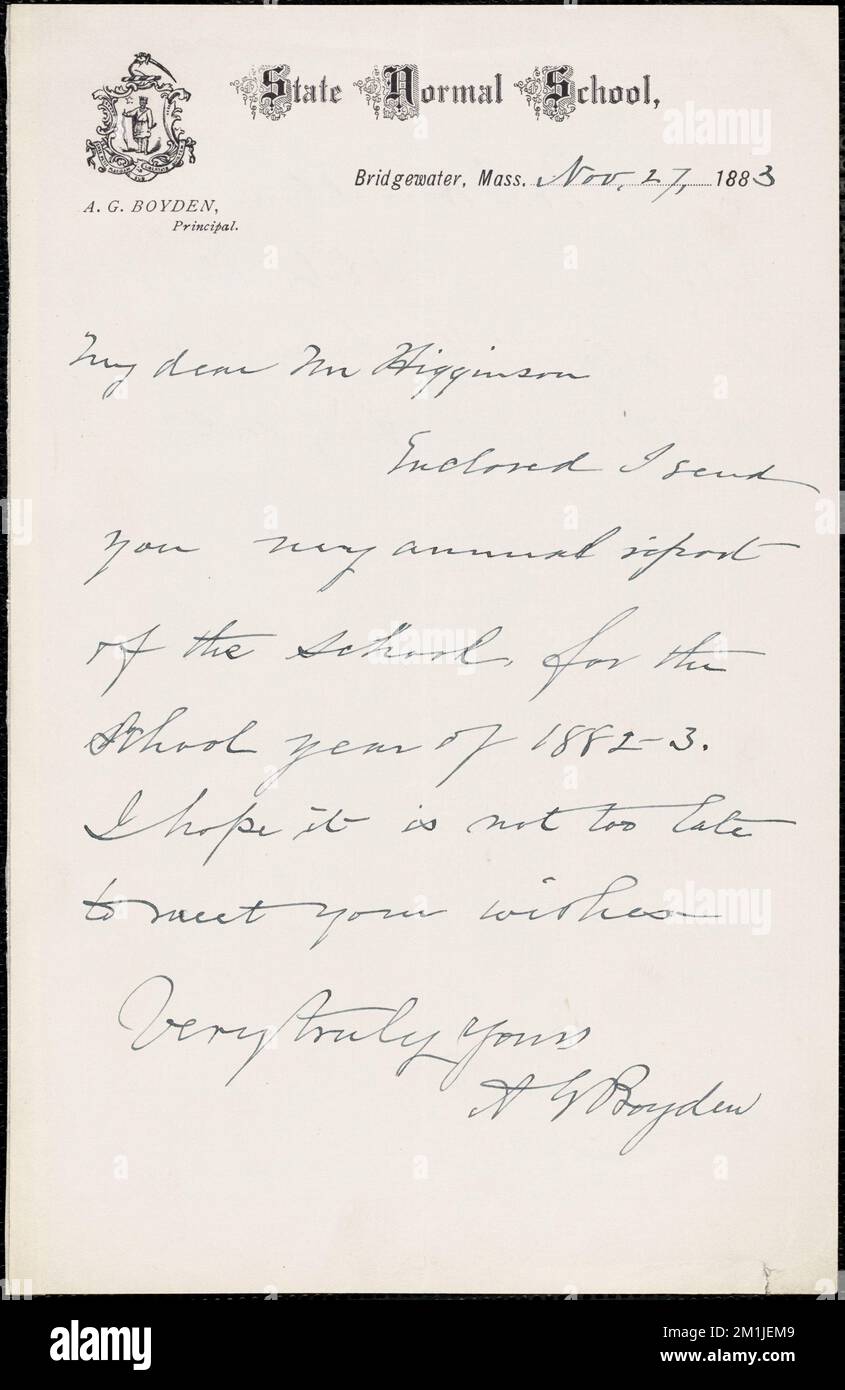 A. G. Boyden autograph note signed to Thomas Wentworth Higginson, Bridgewater, Mass., 27 November 1883 and Thomas Wentworth Higginson manuscript notes, 1883 , State Normal School Bridgewater, Mass., Hedge, Frederic Henry, 1805-1890 Stock Photo