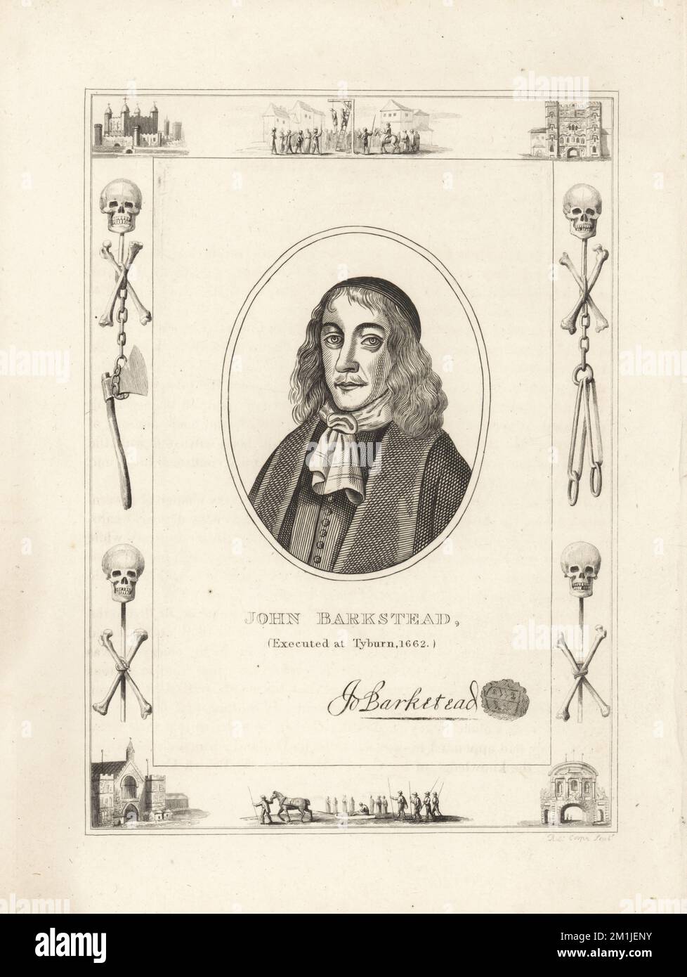 John Bankstead, executed at Tyburn 1662. English major general and regicide of King Charles I, hanged at the restoration. With his autograph and seal. Within a frame decorated with vignettes of skull and cross bones, chains and executioner’s axe, a man hanging from a gibbet at Tyburn, a condemned man on a sled, the Tower of London, Newgate Prison. Copperplate engraving by Robert Cooper from James Caulfield’s The High Court of Justice, London, 1820. Stock Photo