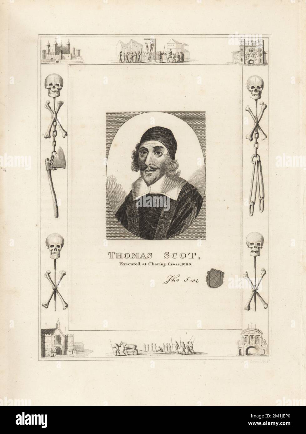 Thomas Scot, executed at Charing Cross in 1660. English politician and regicide, tried and hanged, drawn and quartered. With his autograph and seal. Within a frame decorated with vignettes of skull and cross bones, chains and executioner’s axe, a man hanging from a gibbet at Tyburn, a condemned man on a sled, the Tower of London, Newgate Prison. Copperplate engraving by Robert Cooper from James Caulfield’s The High Court of Justice, London, 1820. Stock Photo