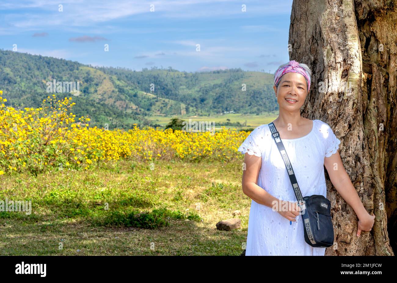 Chu Dang Ya Commune, Chu Pah District, Gia Lai Province, Vietnam - November 7, 2022 : Beautiful female tourist amidst thousands of wild sunflowers blo Stock Photo