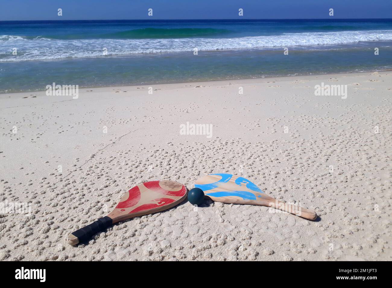 Rio de Janeiro, Brazil, January 20, 2021. Equipment for playing sport Frescobol in the sand of the reserve beach in the city of Rio de Janeiro. Stock Photo