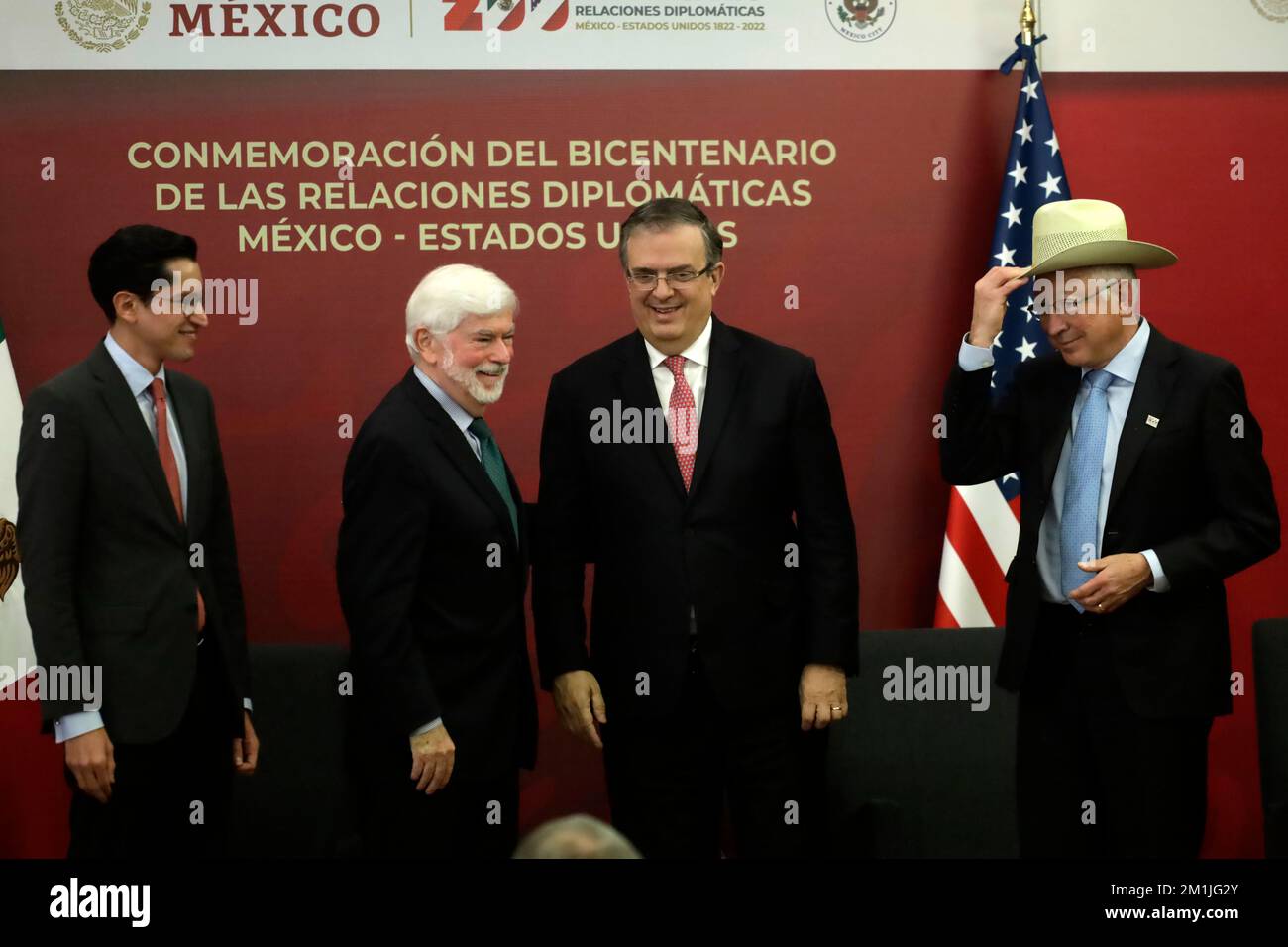 December 12, 2022, Mexico City, Mexico: The Foreign Minister of Mexico, Marcelo Ebrard Casaubon; Chris Dodd, Presidential Adviser to the United States Government for the Americas; the US ambassador to Mexico, Ken Salazar and Roberto Velasco, head of the Unit for North America of the Mexican Foreign Ministry at the signing ceremony of the Declaration of Friendship for the bicentennial of their diplomatic relations at the headquarters of the Ministry of Relations Exteriors in Mexico City. on December 12, 2022 in Mexico City, Mexico. (Photo by Luis Barron / Eyepix Group). Stock Photo