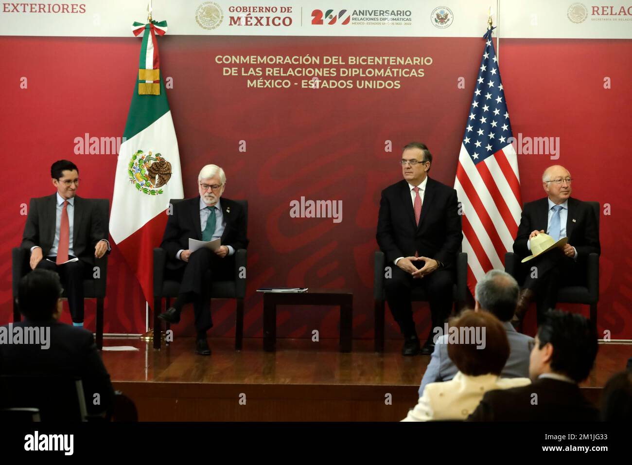 December 12, 2022, Mexico City, Mexico: The Foreign Minister of Mexico, Marcelo Ebrard Casaubon; Chris Dodd, Presidential Adviser to the United States Government for the Americas; the US ambassador to Mexico, Ken Salazar and Roberto Velasco, head of the Unit for North America of the Mexican Foreign Ministry at the signing ceremony of the Declaration of Friendship for the bicentennial of their diplomatic relations at the headquarters of the Ministry of Relations Exteriors in Mexico City. on December 12, 2022 in Mexico City, Mexico. (Photo by Luis Barron / Eyepix Group). Stock Photo