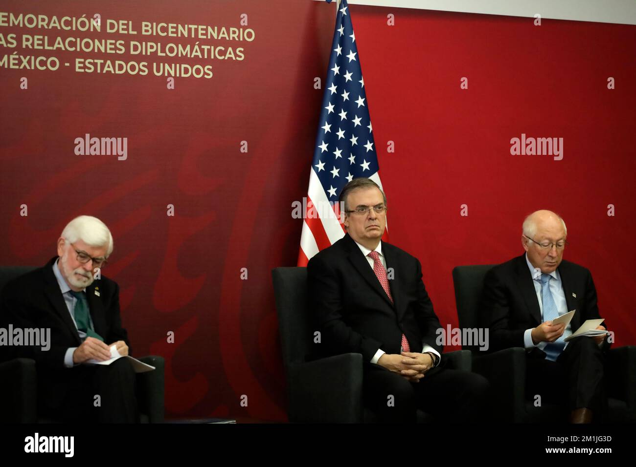 December 12, 2022, Mexico City, Mexico: The Foreign Minister of Mexico, Marcelo Ebrard Casaubon; The US Ambassador to Mexico, Ken Salazar and Chris Dodd, Presidential Adviser to the Government of the United States for the Americas at the signing ceremony of the Declaration of Friendship for the bicentennial of their diplomatic relations at the headquarters of the Ministry of Foreign Affairs in Mexico City. on December 12, 2022 in Mexico City, Mexico. (Photo by Luis Barron / Eyepix Group). Stock Photo