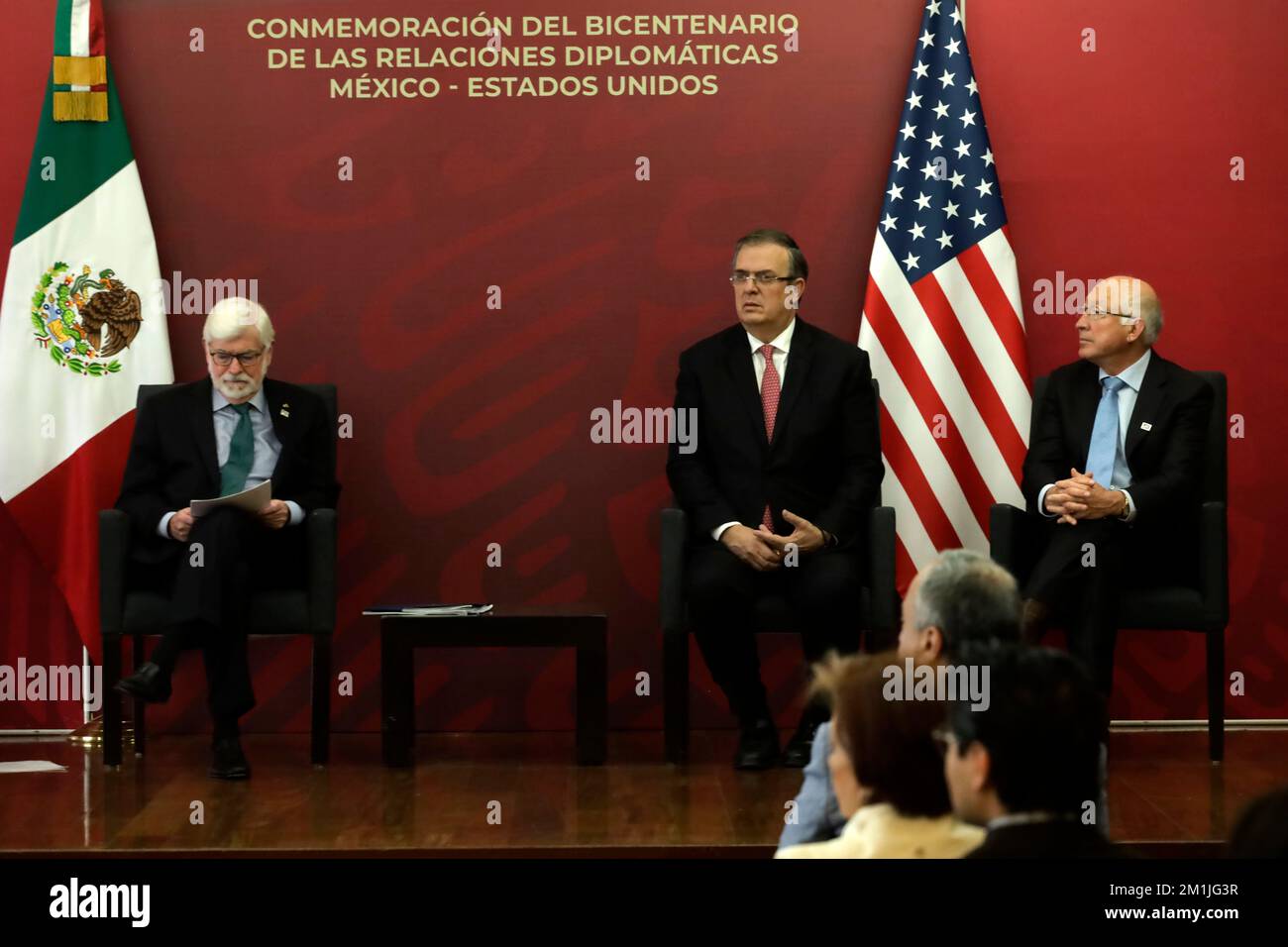 December 12, 2022, Mexico City, Mexico: The Foreign Minister of Mexico, Marcelo Ebrard Casaubon; The US Ambassador to Mexico, Ken Salazar and Chris Dodd, Presidential Adviser to the Government of the United States for the Americas at the signing ceremony of the Declaration of Friendship for the bicentennial of their diplomatic relations at the headquarters of the Ministry of Foreign Affairs in Mexico City. on December 12, 2022 in Mexico City, Mexico. (Photo by Luis Barron / Eyepix Group). Stock Photo