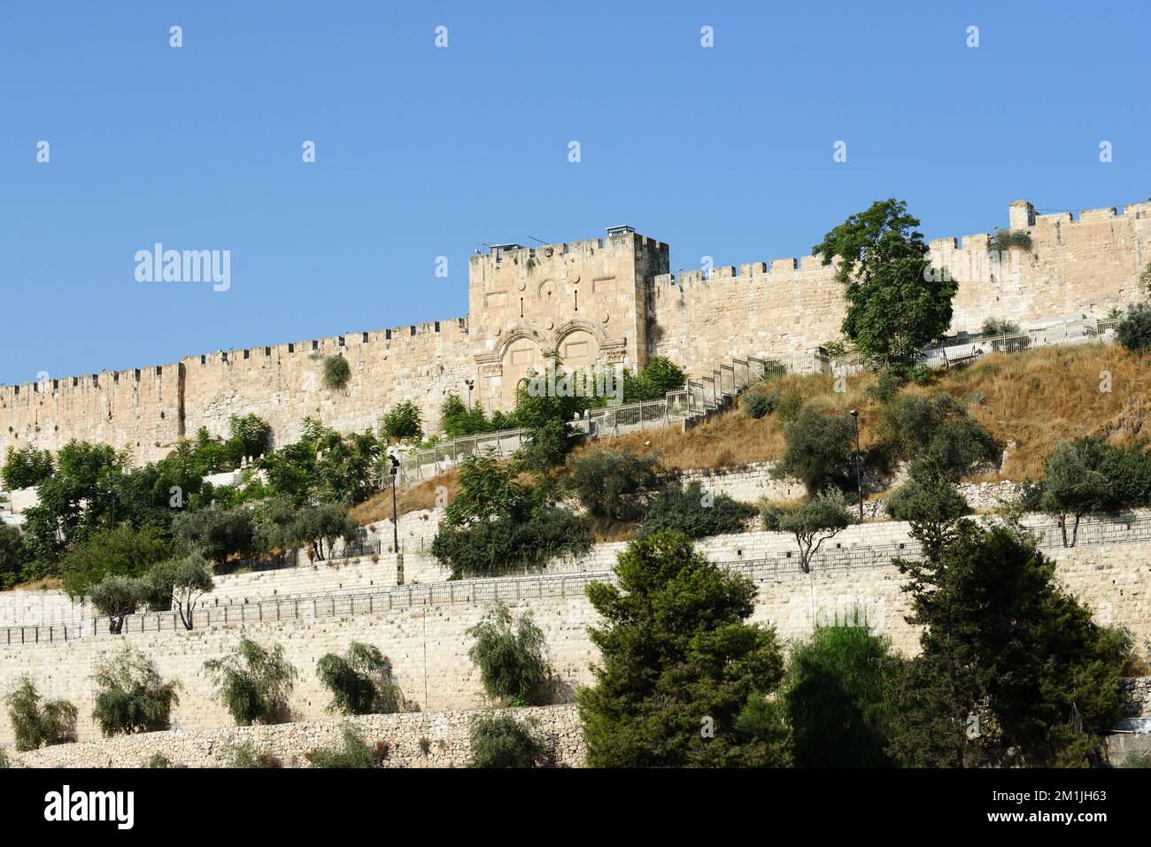 The iconic Golden Gate in the Eastern part of the city wall of the old city of Jerusalem. Stock Photo