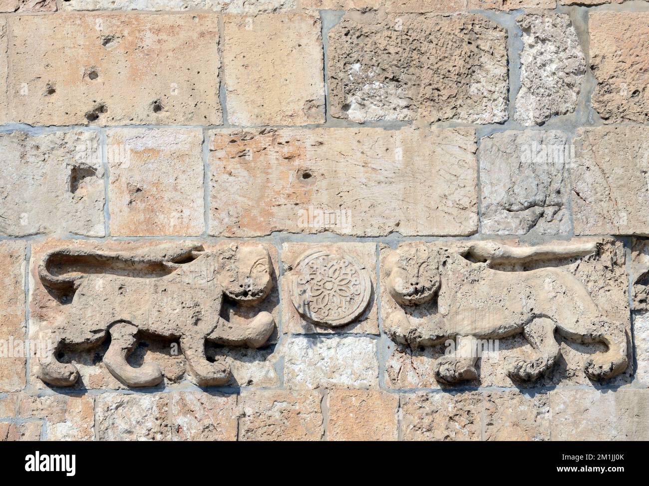 Lions reliefs at the Lion's Gate in the old city of Jerusalem. Stock Photo