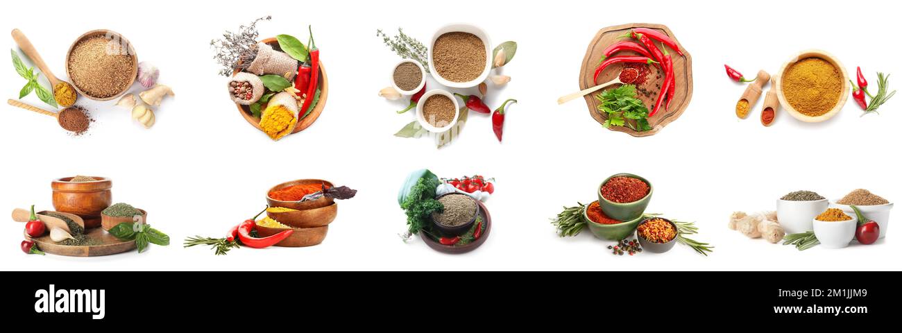 Collage of fresh spices on white background Stock Photo - Alamy