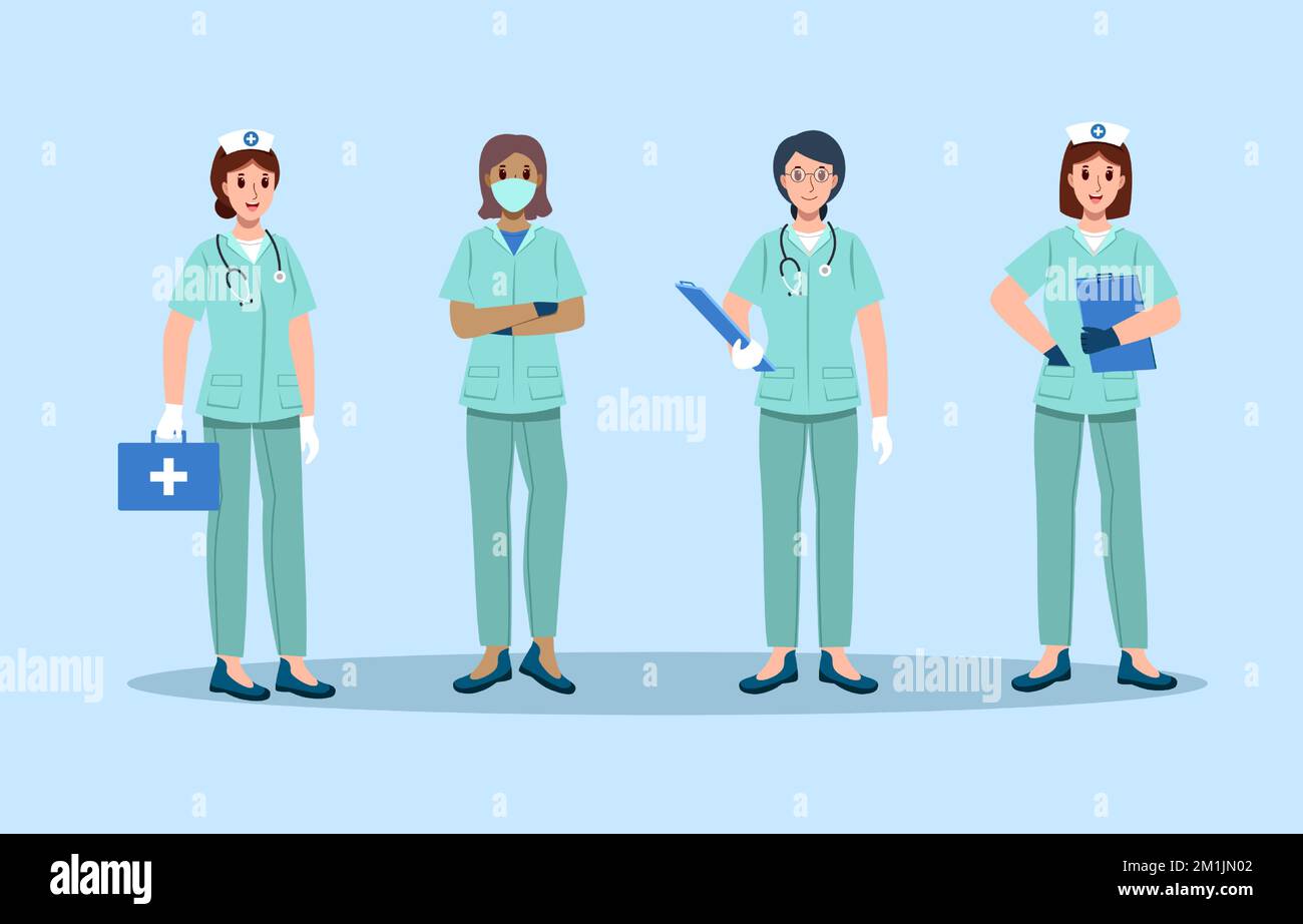 Lady nurses with green uniform hold medical bag and chart . Cartoon