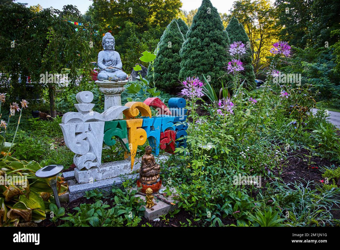 Zen gardens filled with statues of Tibetan Mongolian Buddhist style Stock Photo