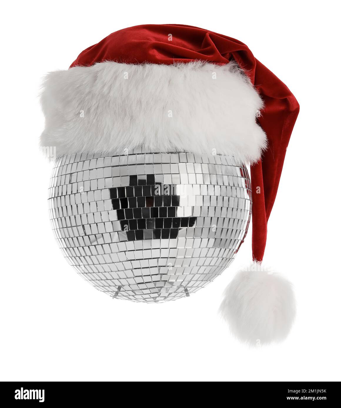 Disco ball with Santa hat on white background Stock Photo Alamy