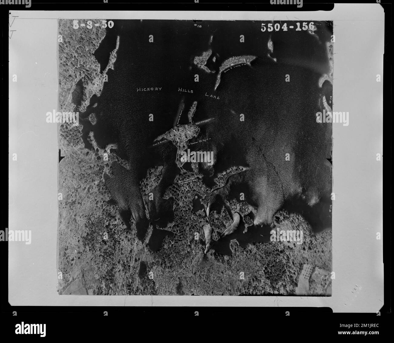 Aerial view of the southwestern shoreline of Hickory Hills Lake and