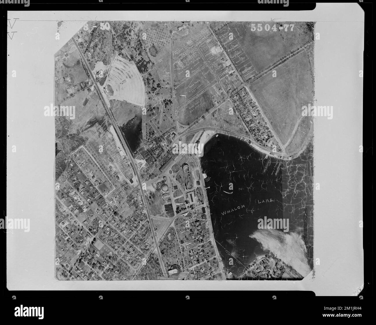 Aerial view of Whalom Lake and the properties near Lake Front Avenue