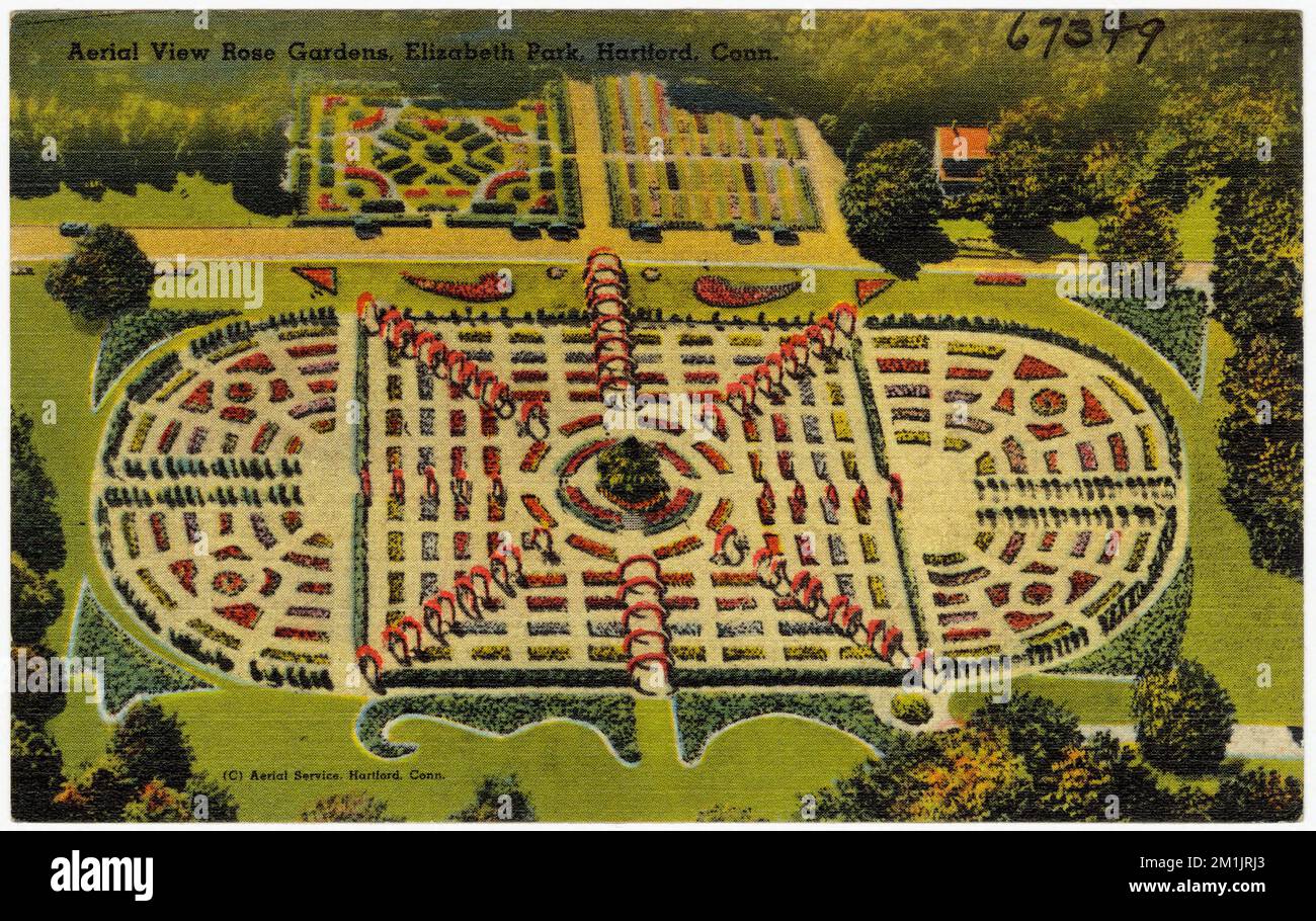Aerial view rose gardens, Elizabeth Park, Hartford, Conn. , Parks, Tichnor Brothers Collection, postcards of the United States Stock Photo