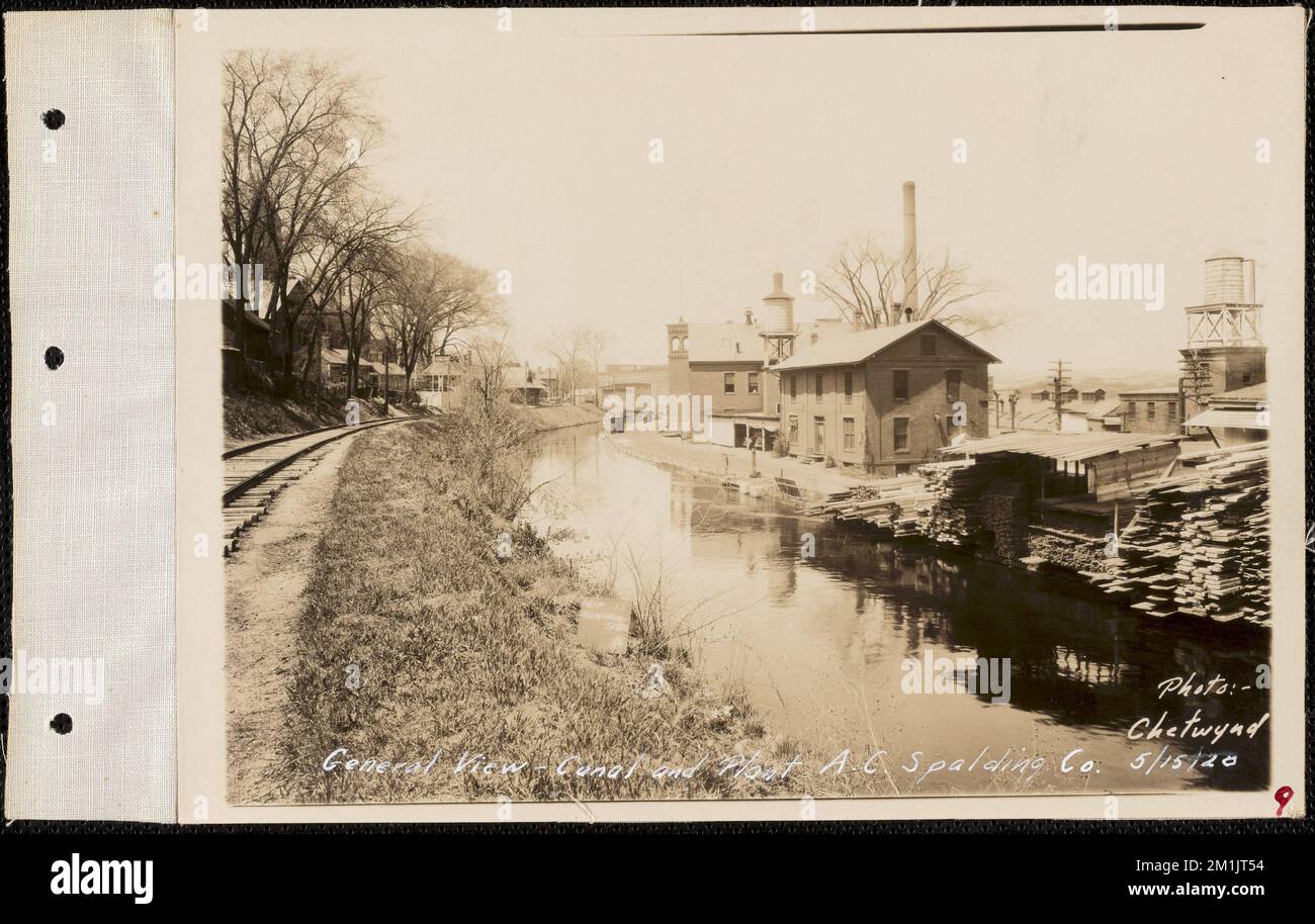 A.G. Spalding Brothers, general view, canal and plant, Chicopee, Mass., May 15, 1928 , Stream-gaging stations, waterworks, real estate, factories structures, watershed sanitary conditions Stock Photo