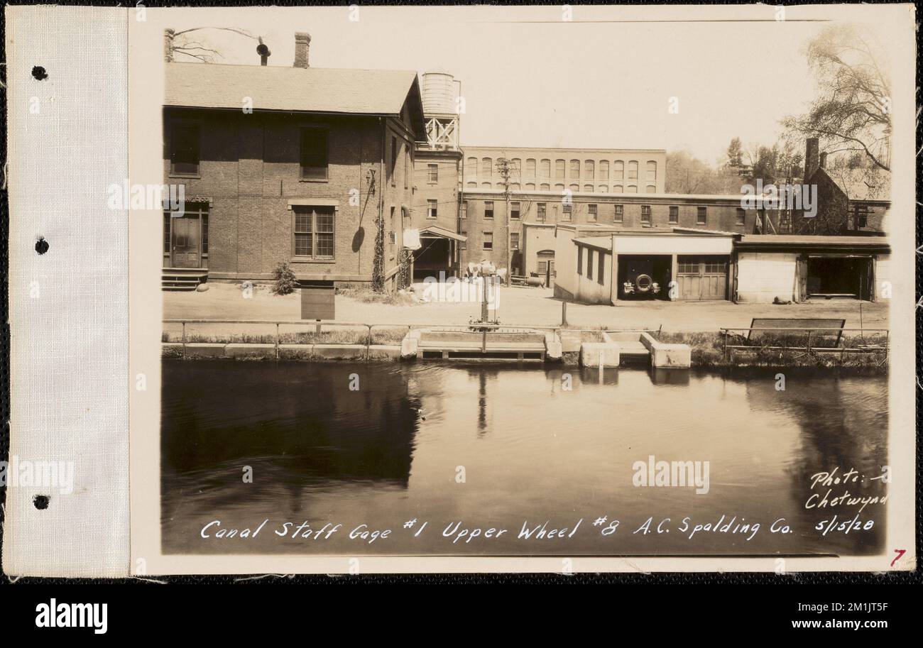 A.G. Spalding Co., canal staff gage #1, upper wheel #8, Chicopee, Mass., May 15, 1928 , Stream-gaging stations, waterworks, real estate, factories structures, watershed sanitary conditions Stock Photo
