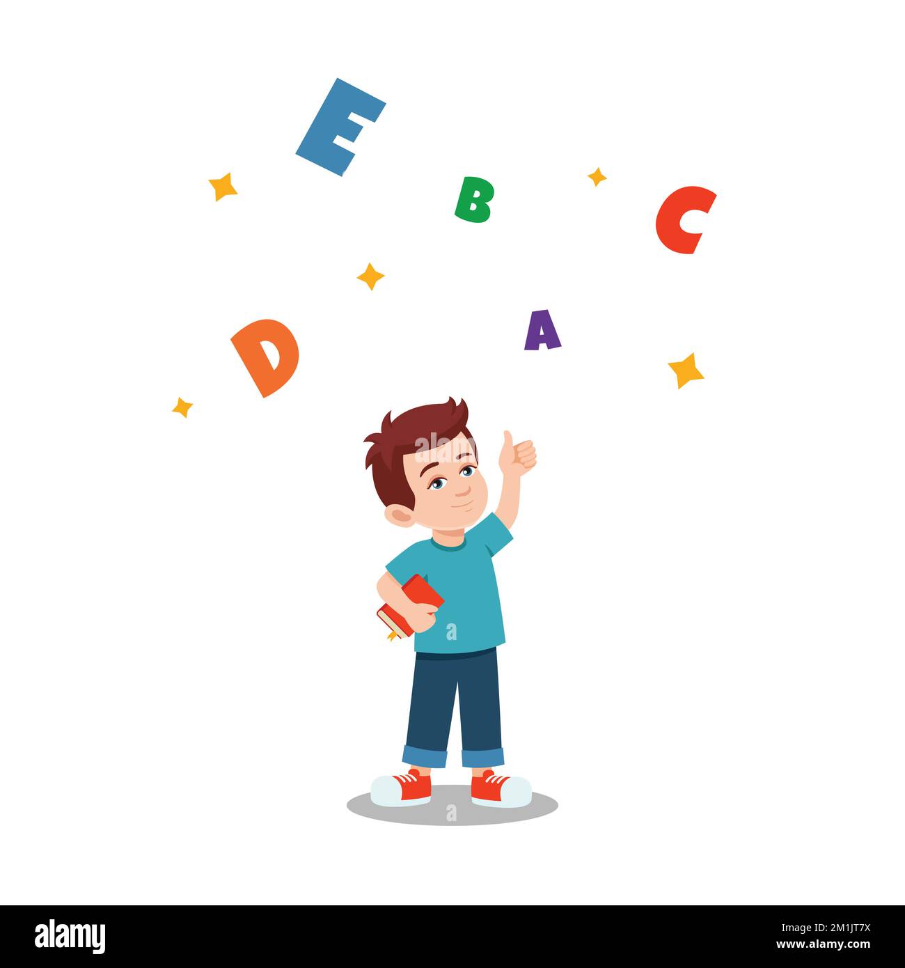 Little schoolboy with a book in his hands shows thumbs up. Banner about school, studying, knowledge, the benefits of reading, learning the alphabet. C Stock Vector