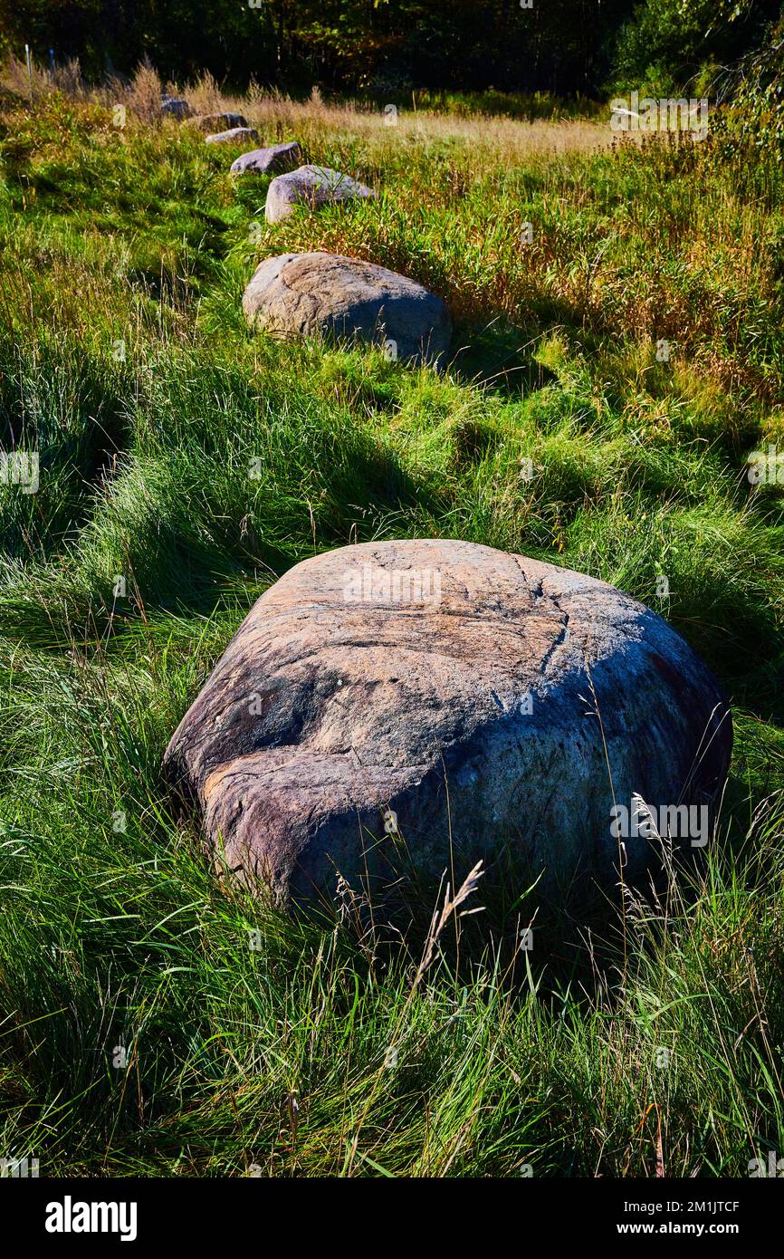 Row of large rocks spaced apart with wavy grass around Stock Photo - Alamy