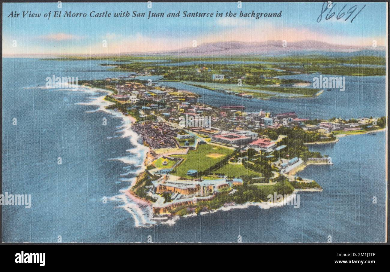 Air view of El Morro Castle with San Juan and Santurce in background , Forts & fortifications, Cities & towns, Oceans, Tichnor Brothers Collection, postcards of the United States Stock Photo