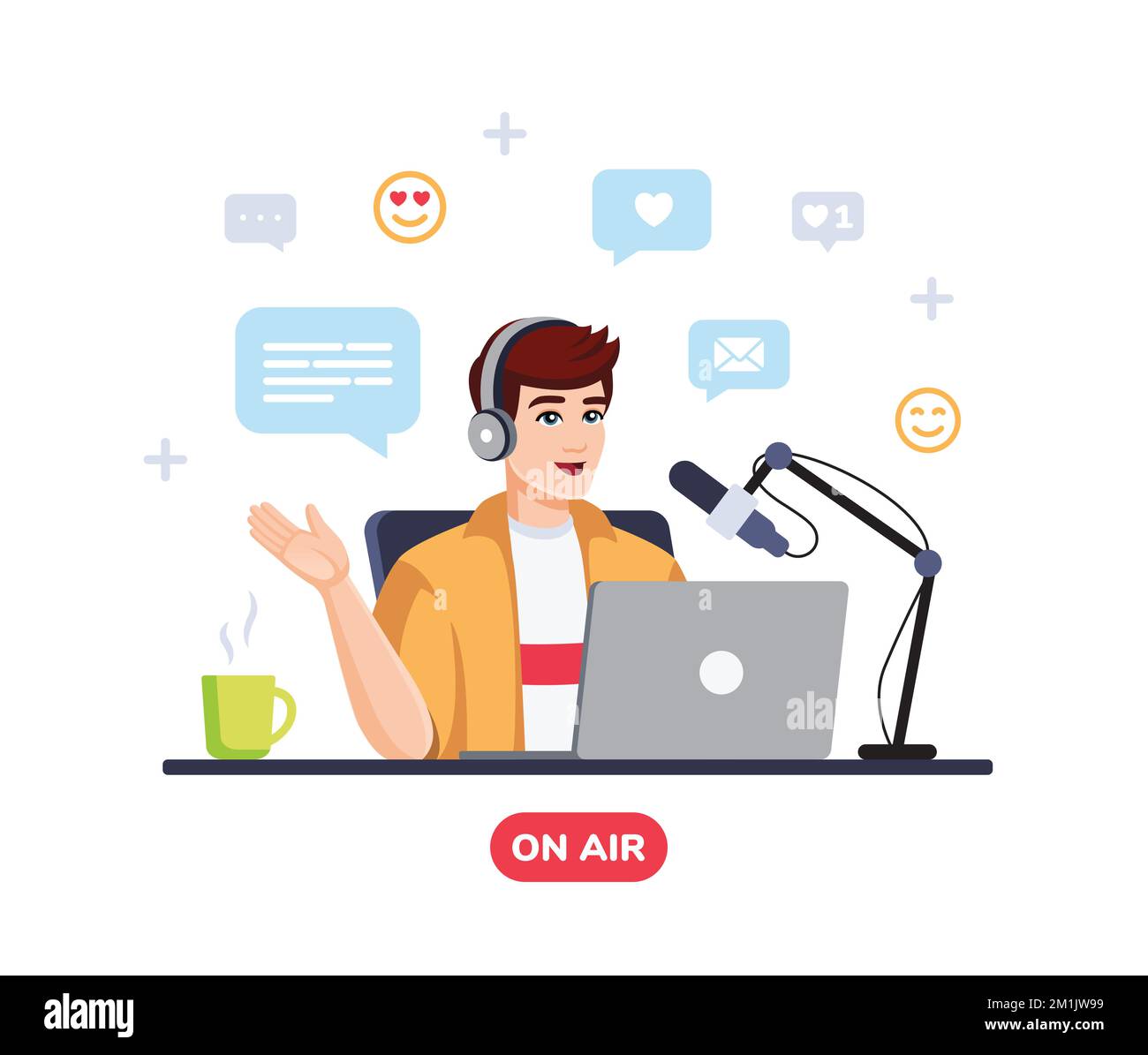 Podcaster talking to mic recording podcast in studio. Vector flat style illustration. Podcast concept Stock Vector
