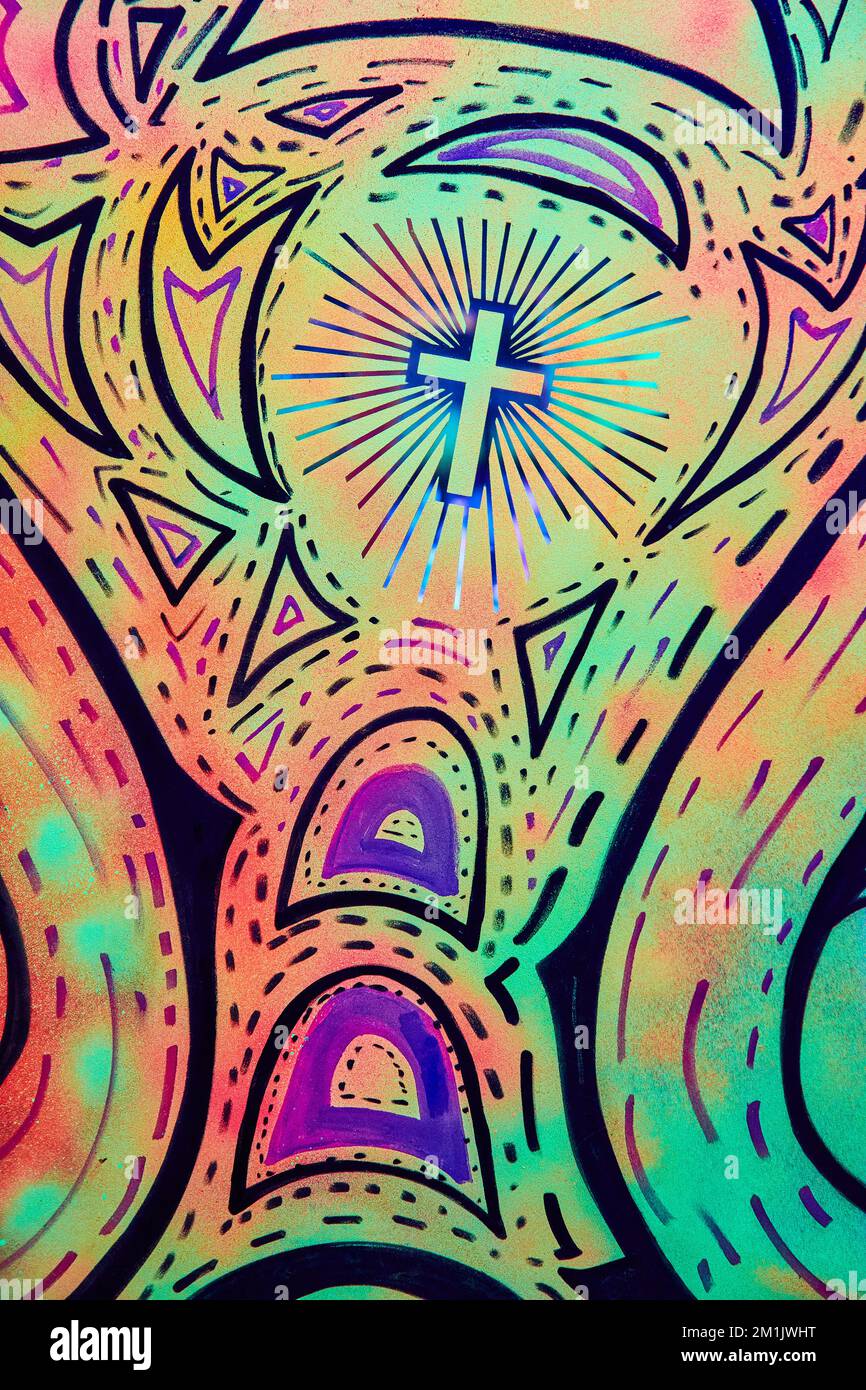 Jesus religious vibrant glowing artwork pattern on wall Stock Photo