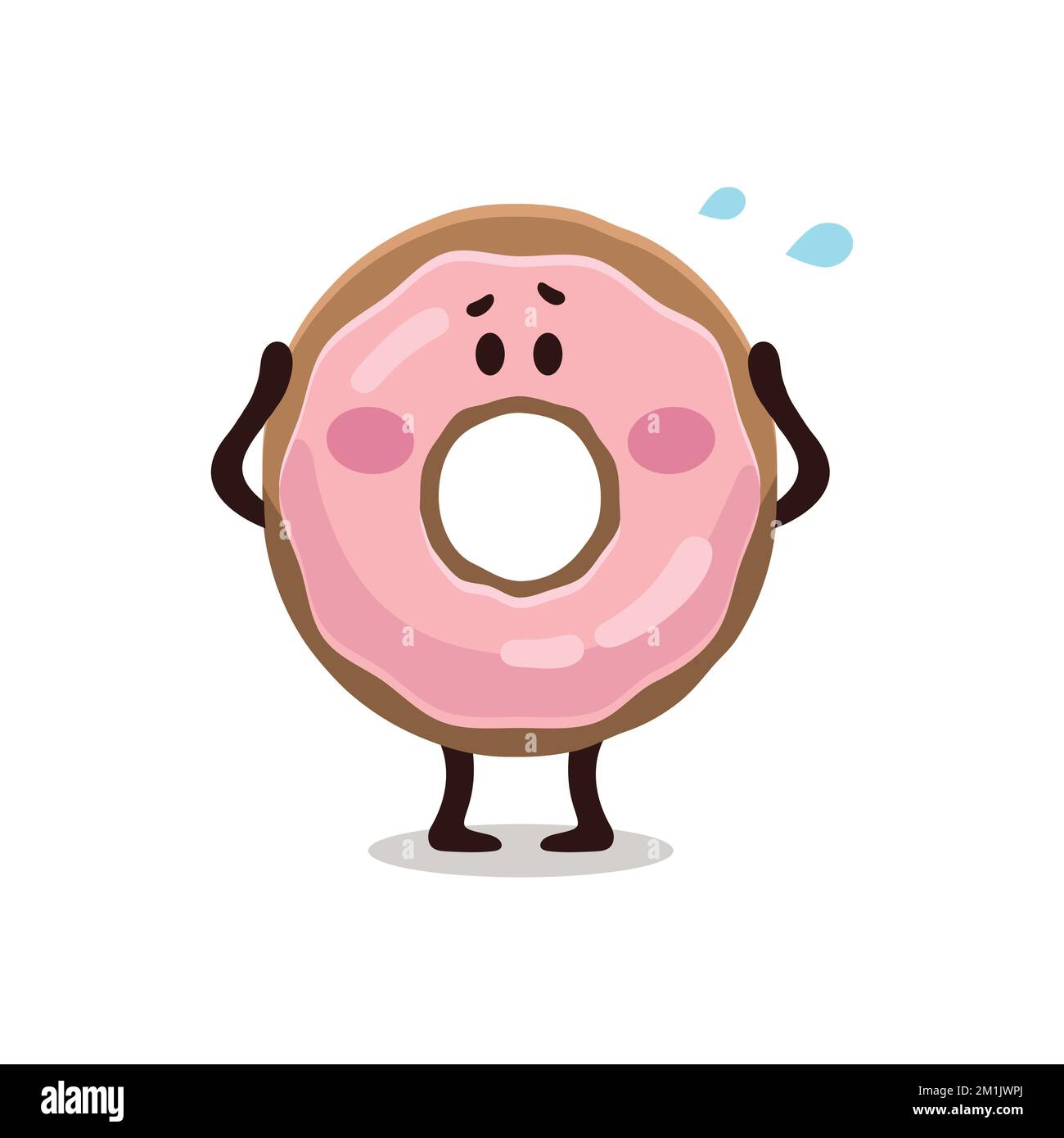 Funny vector cartoon flat doodle kid's emoji sticker, character, banner, mascot of pink glazed donut in panic. Colorful flat digital vector illustrati Stock Vector