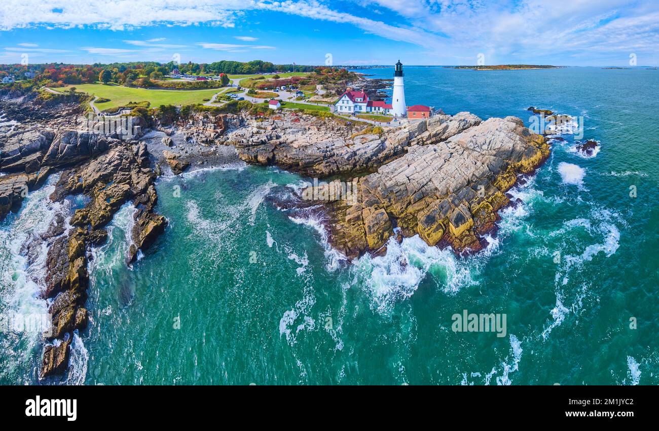 Wide aerial view of stunning rocky Maine coast and large iconic ...