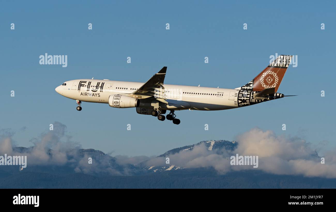 Richmond, British Columbia, Canada. 12th Dec, 2022. A Fiji Airways Airbus A330-200 jetliner (DQ-FJU) airborne on final approach for landing at Vancouver International Airport. (Credit Image: © Bayne Stanley/ZUMA Press Wire) Stock Photo