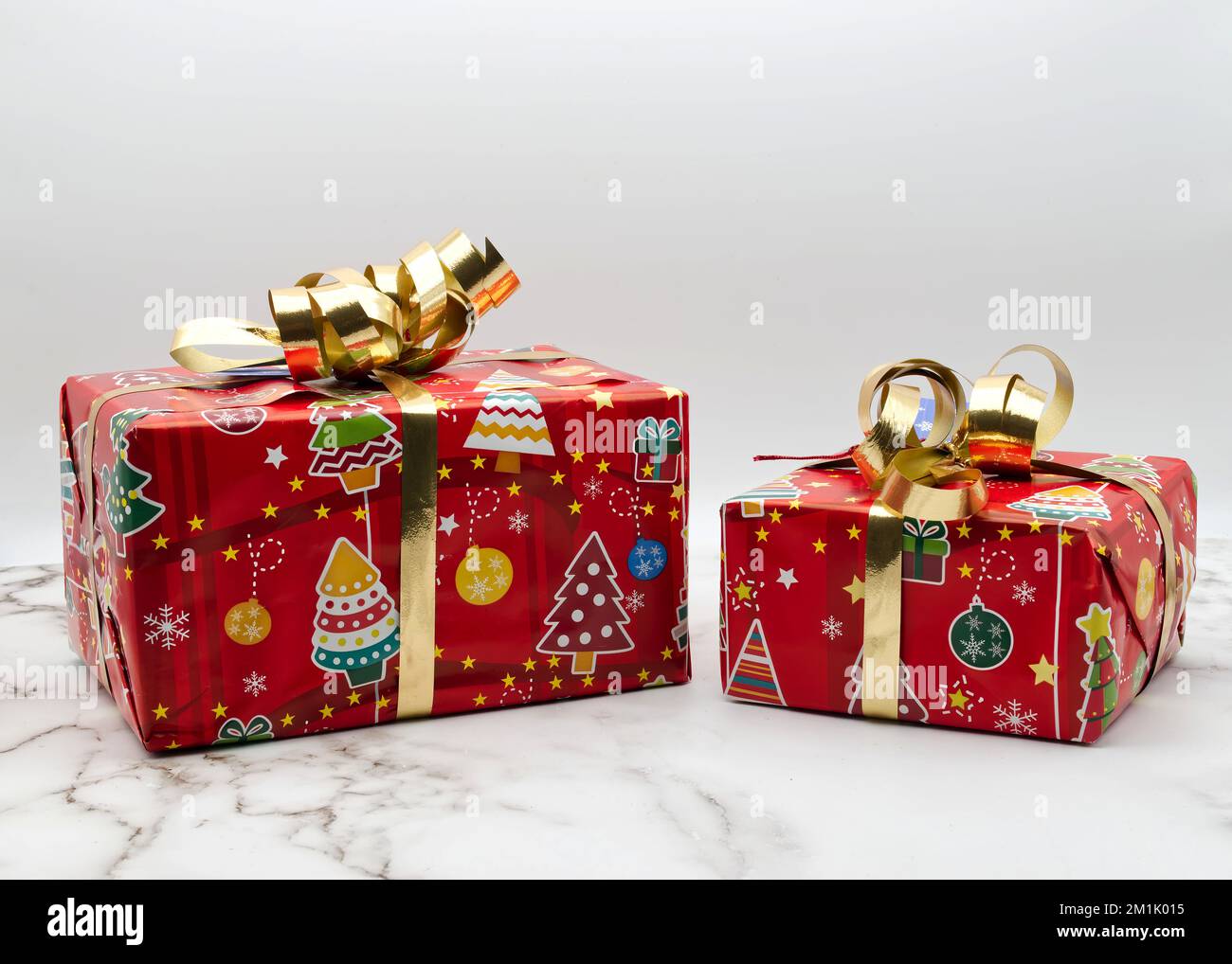 Christmas gift boxes isolated on marble background. Copy space for your text Stock Photo
