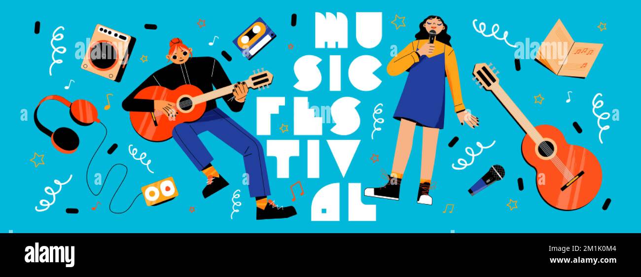 Music festival banner with girls singing and playing guitar. Young woman sing with microphone and musical items around. Entertainment, fest or concert Stock Vector