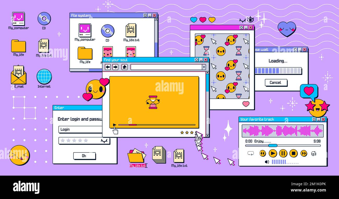 Y2k windows on computer pc desktop. Retro screen in retrowave, vaporwave 90s style with smile face hipster stickers, video player, message boxes and p Stock Vector