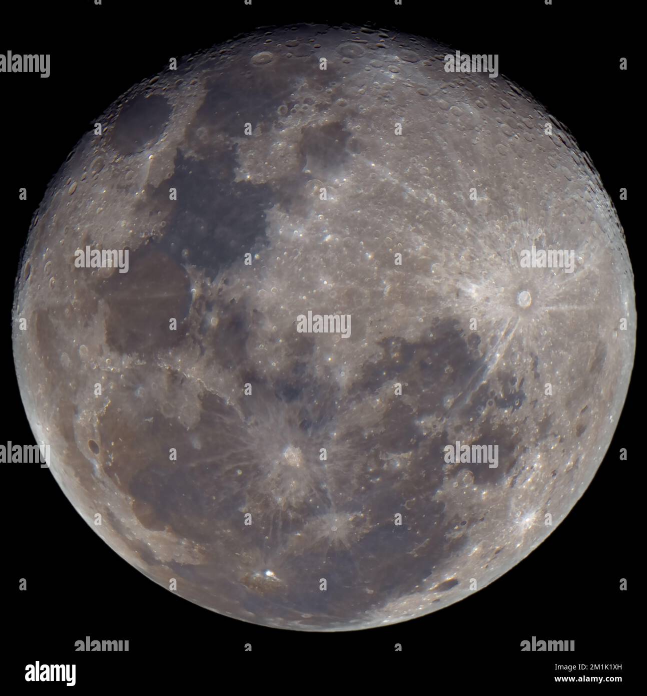 A close up of a 98% waning gibbous Moon showing most of the well known features, taken from the UK Stock Photo